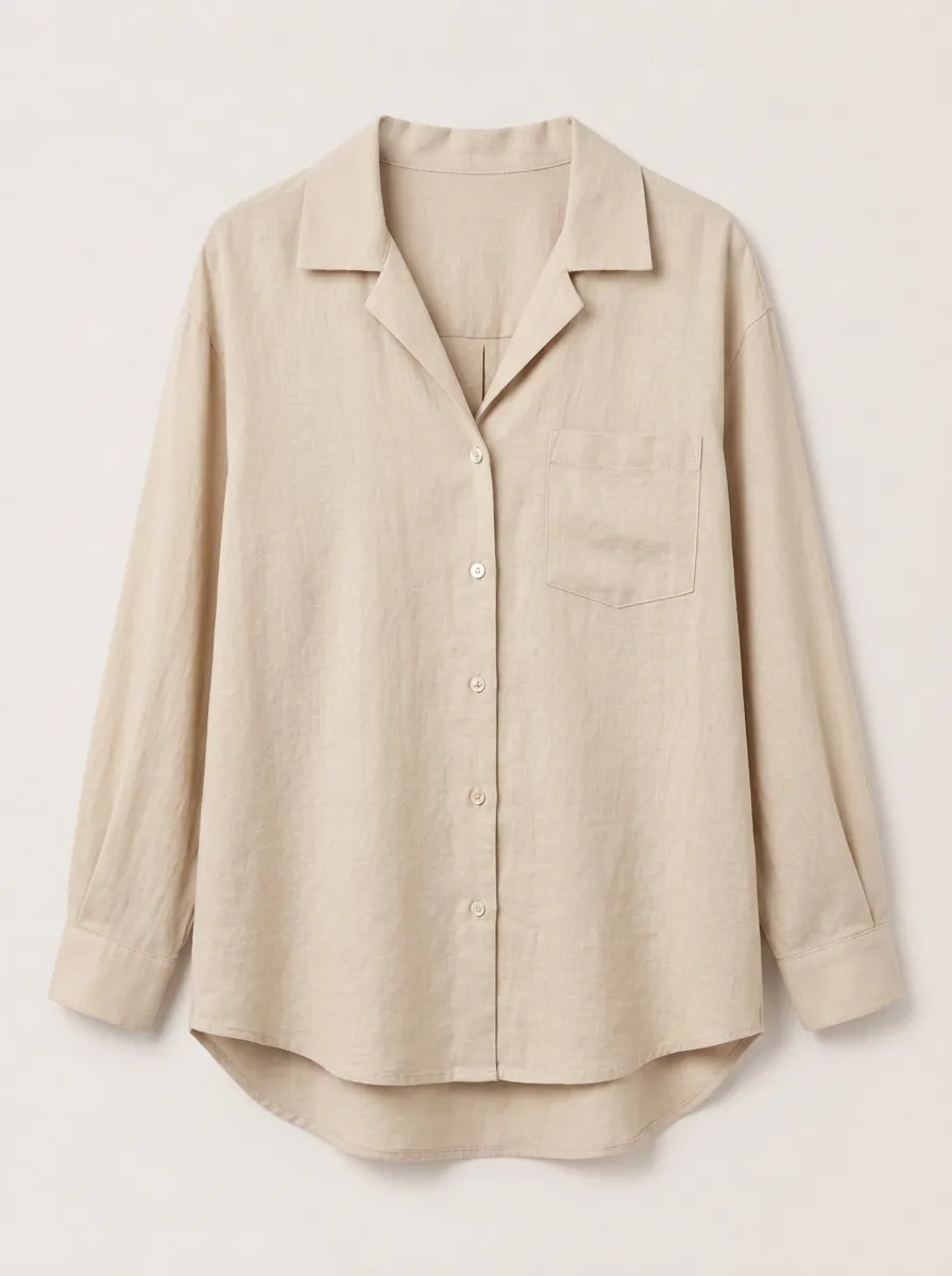 Women's Beige Camp Collar Button-Down Shirt