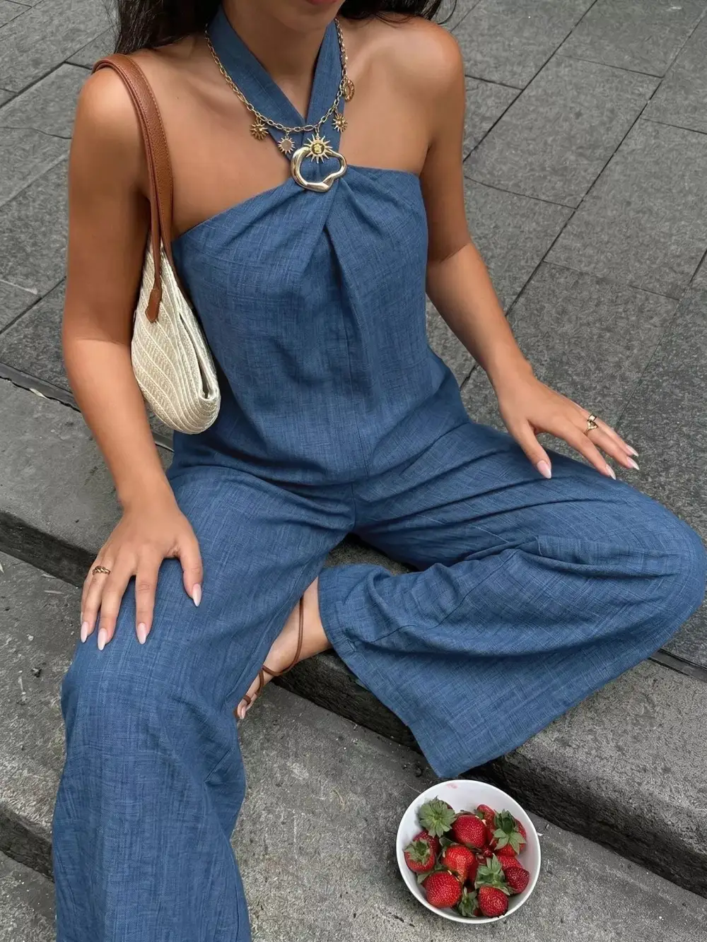 Halter Neck Top and Wide Leg Pants Set