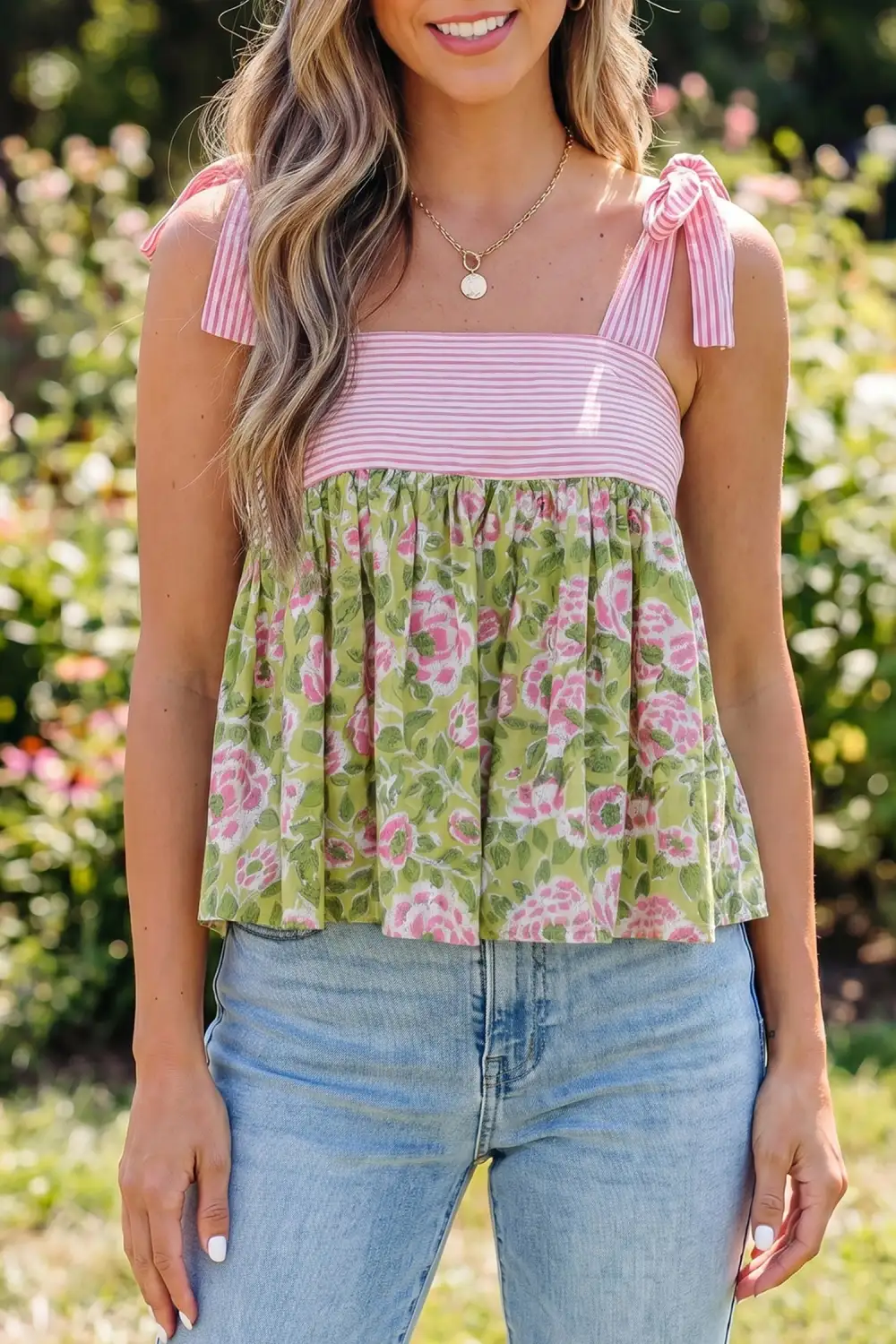 Floral-Print Striped Tank Top