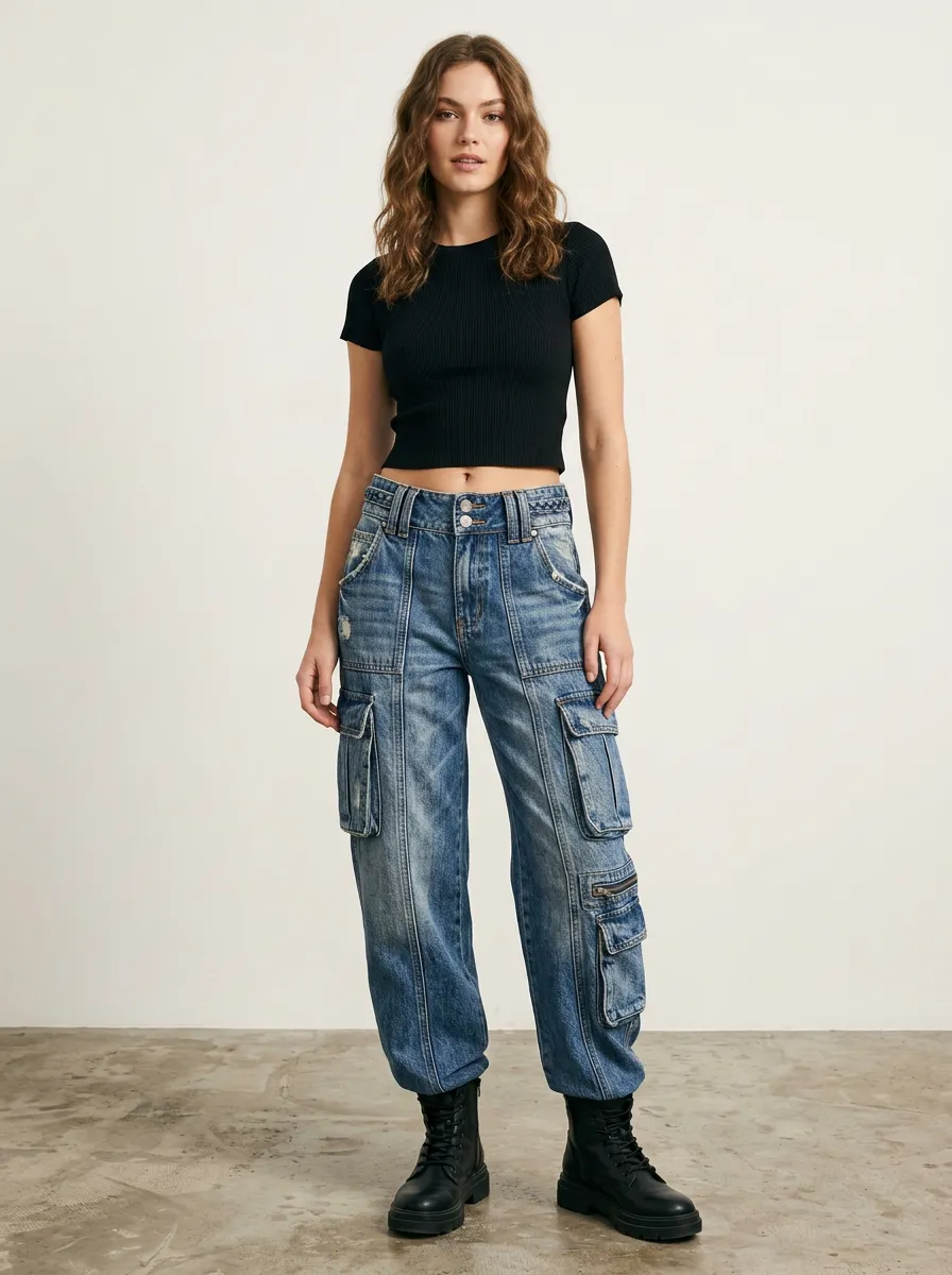 Women's Y2K Streetwear Distressed Denim Multi-Pocket Cargo Pants