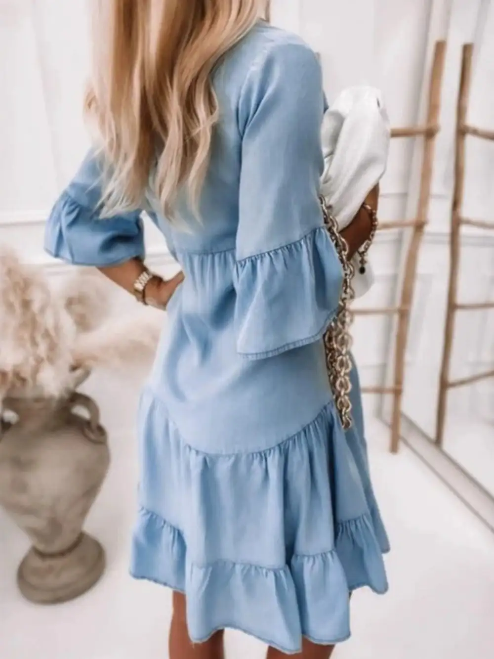 Button Front Ruffle Mini Dress