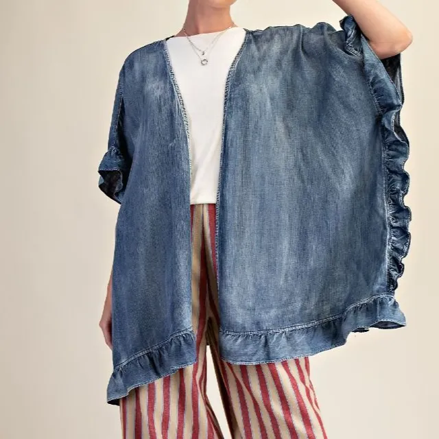 Open Front Chambray Star Patch Ruffle Detail Cardigan