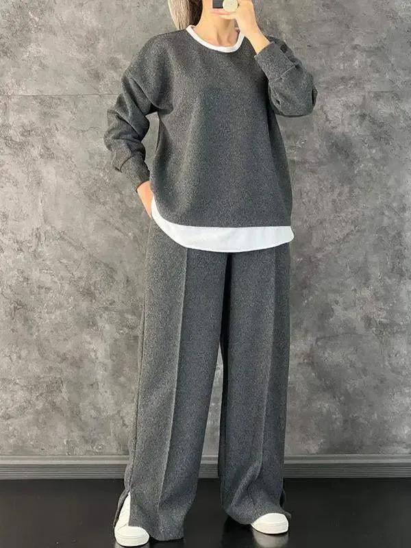 Women's Casual Round Neck Fake Two-Piece Contrast Color Suit