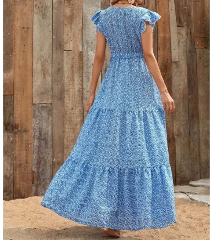 Printed V Neck Ruffled Cap Sleeve Maxi Dress