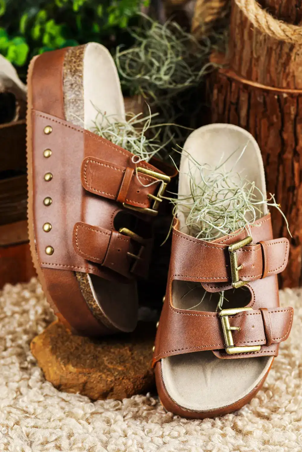 Studded Double Buckle Platform Sandals