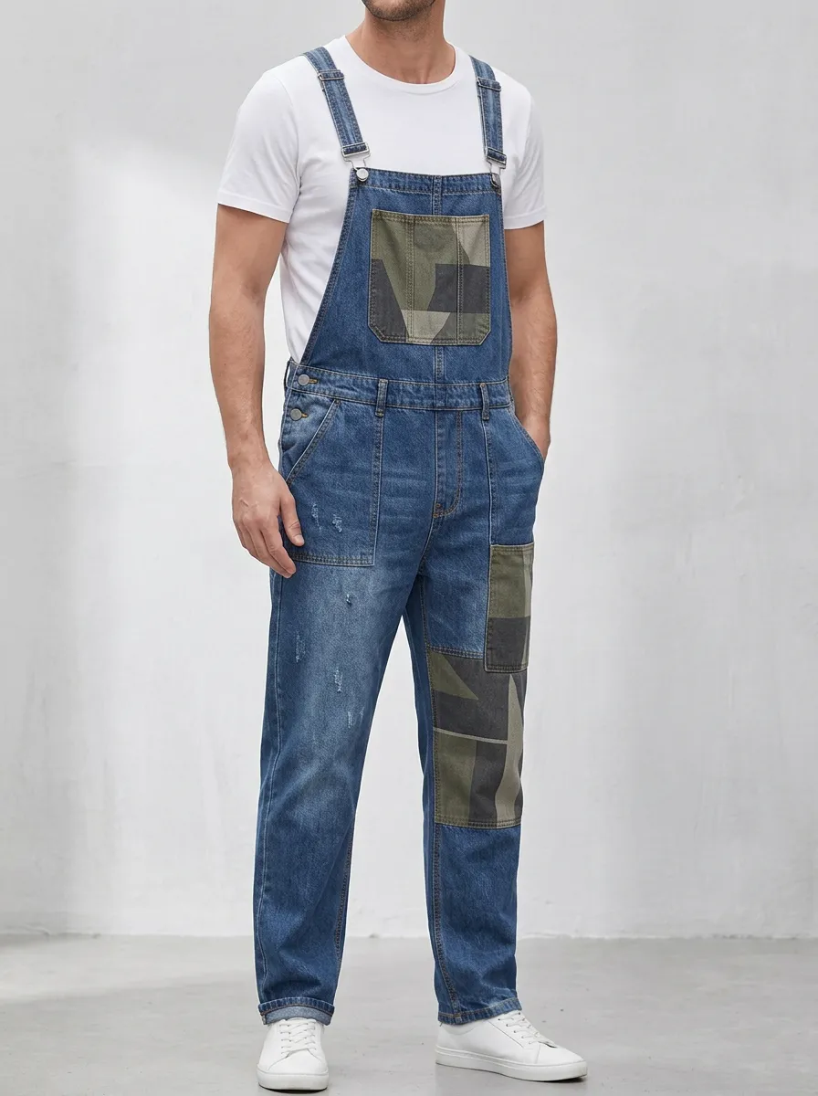 Denim Patchwork Overalls