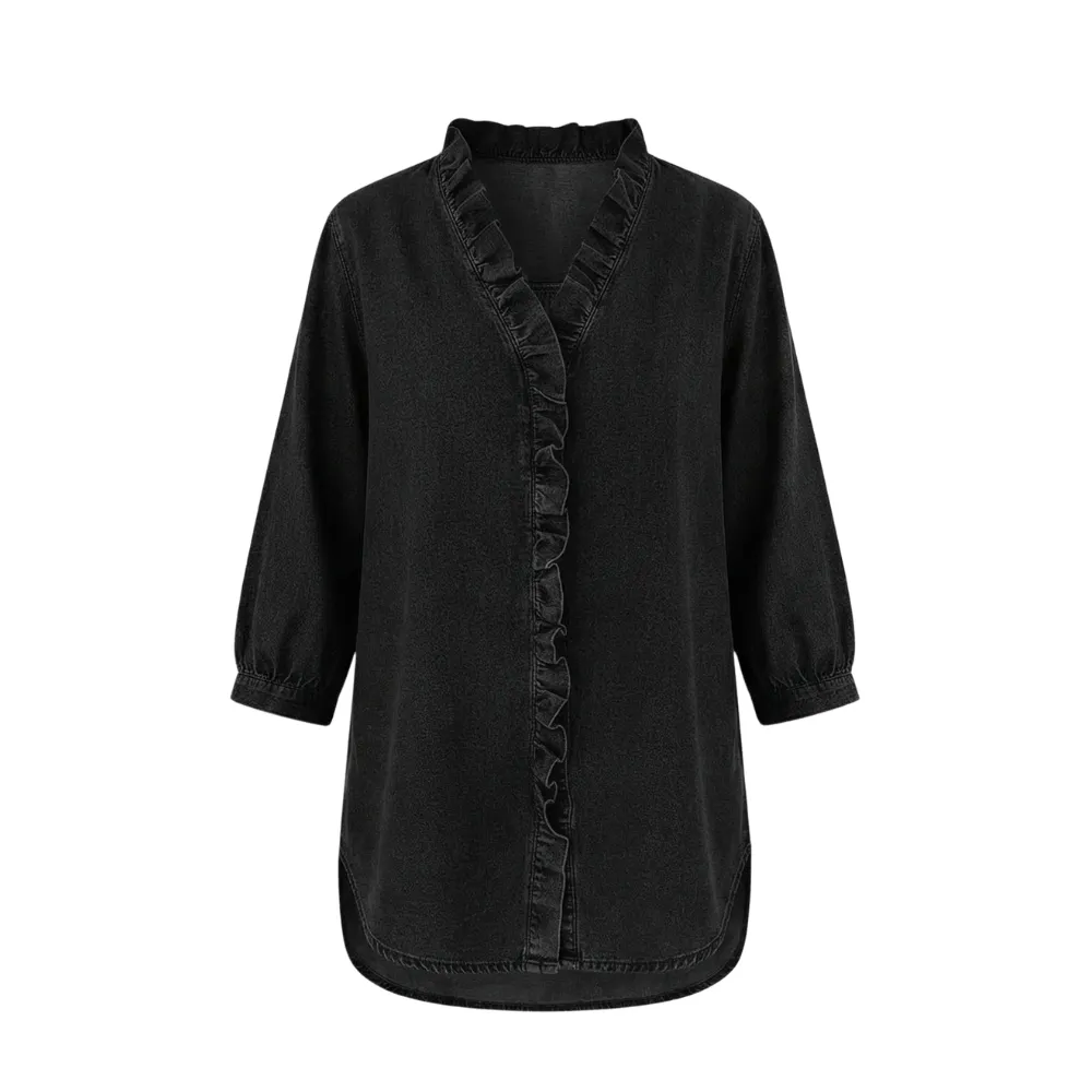 Ruffle V Neck Denim Blouse