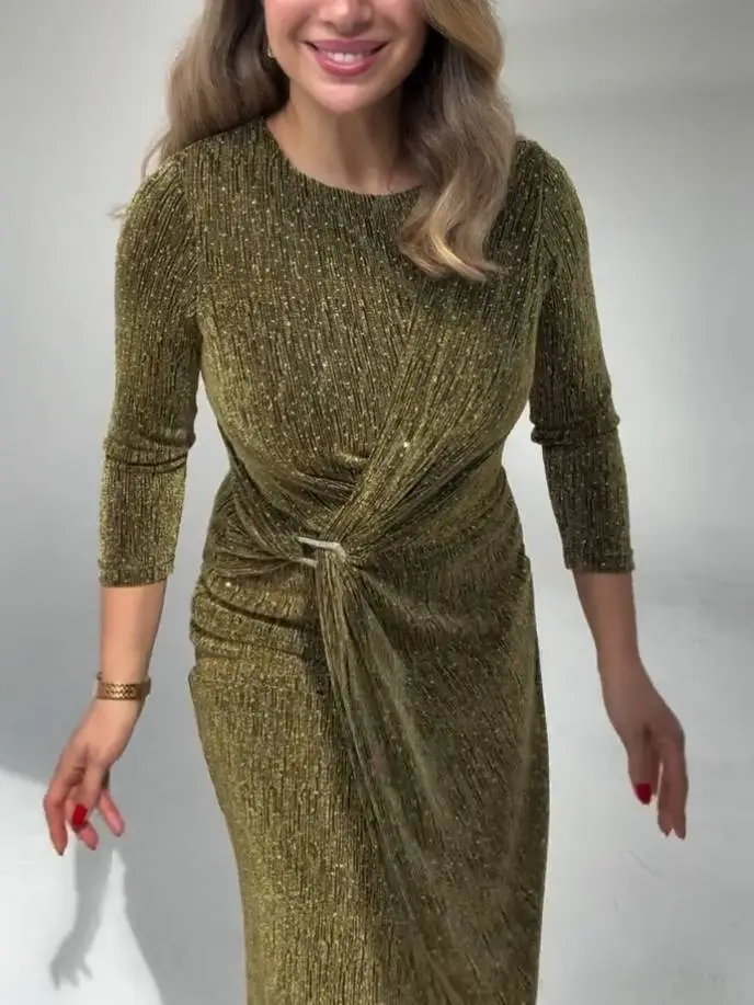 Shiny Pleated Tailored Midi Dress