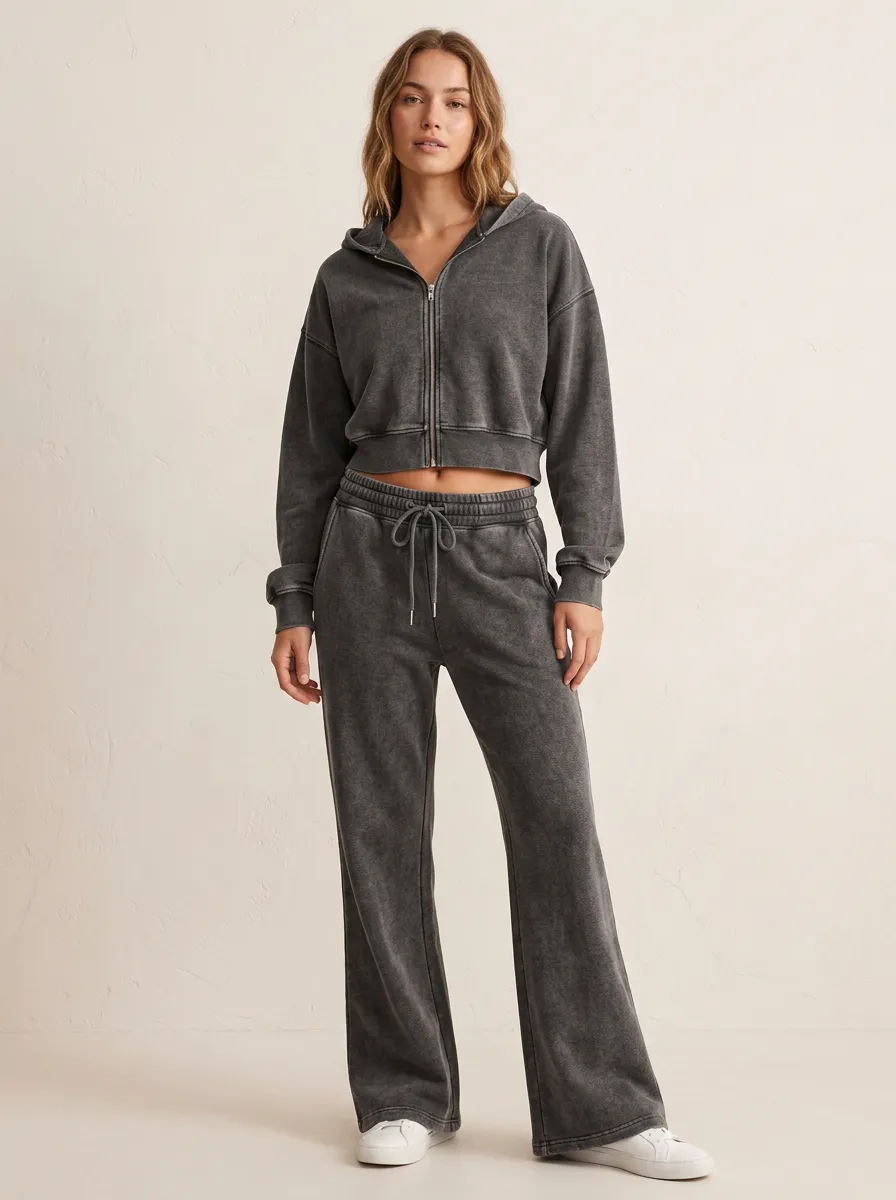 Women's Modern Washed Vintage Inspired Cropped Hooded Jacket and Flare Pants Active Set