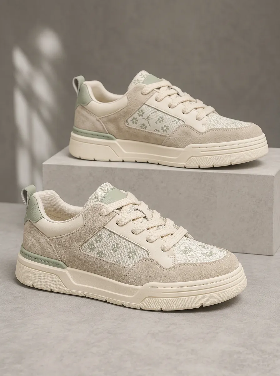 Men's Casual Beige Floral Pattern Printed Sneakers
