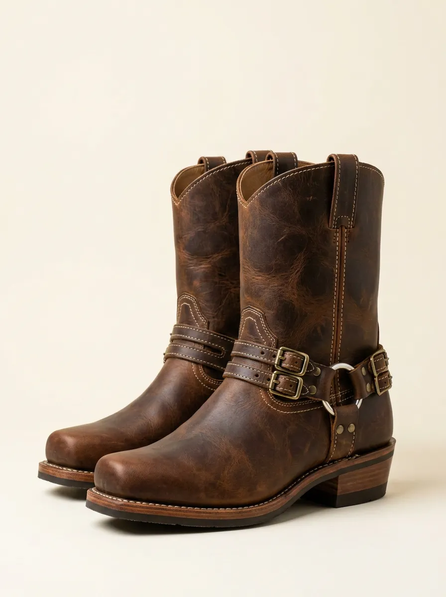 Men's Western Cowboy Brown Distressed Leather Buckle Harness Boots