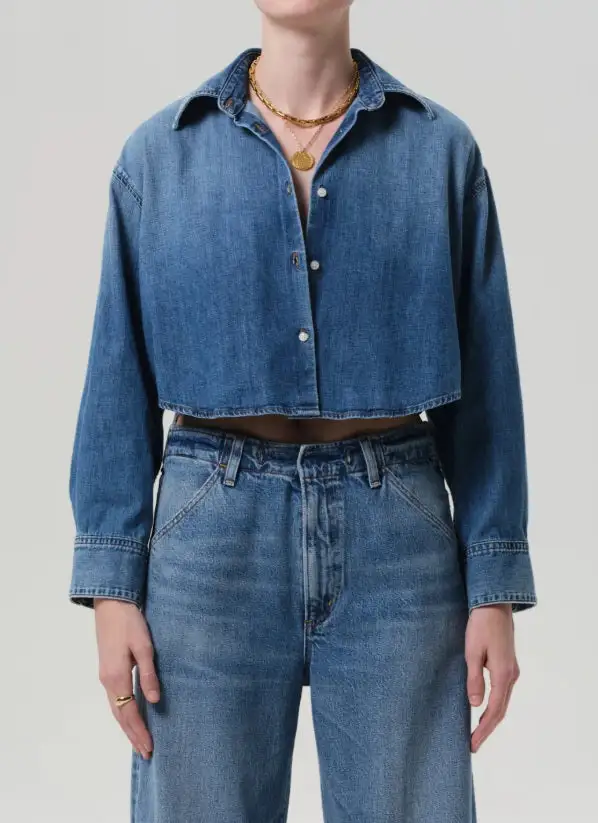 Cropped Button Front Relaxed Fit Shirt