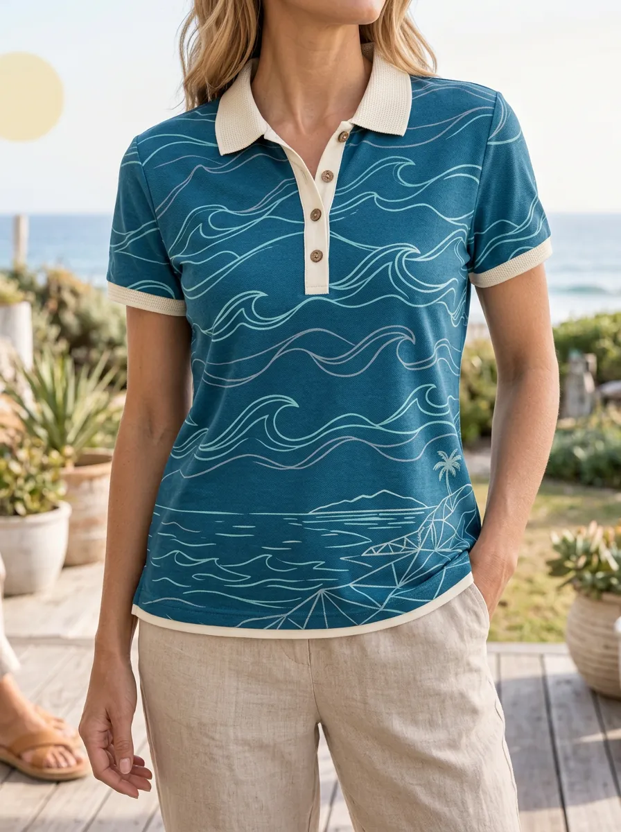 Women's Classic Beach Lover Ocean Wave Palm Tree Polo Shirt
