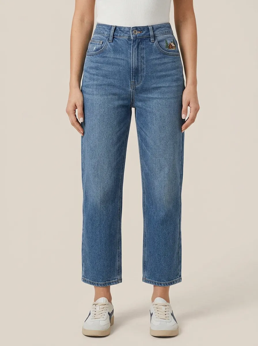 Women's Cabin Forest Embroidered Front-Pocket Whiskered High-Rise Straight-Leg Jeans