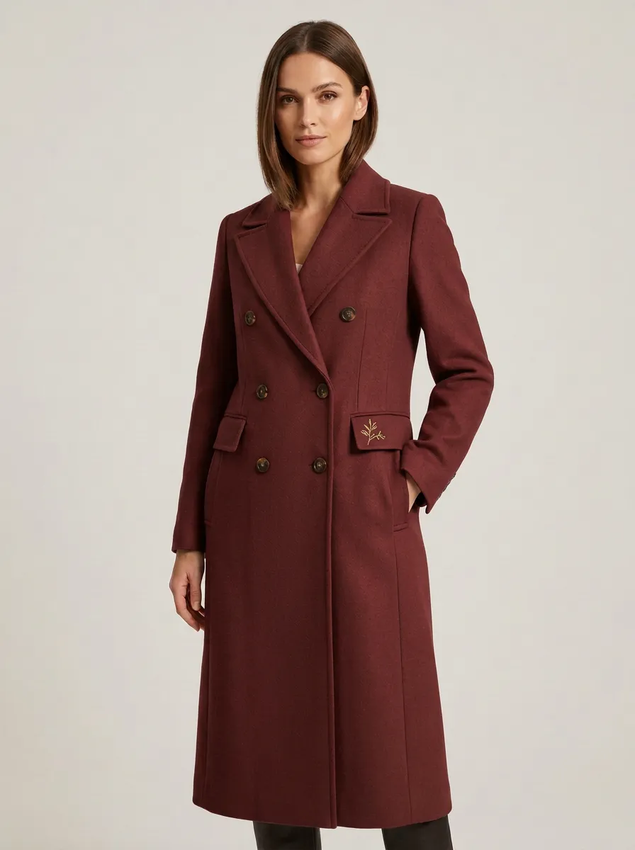 Women's Minimalist Branch Embroidered Camel Wool Coat