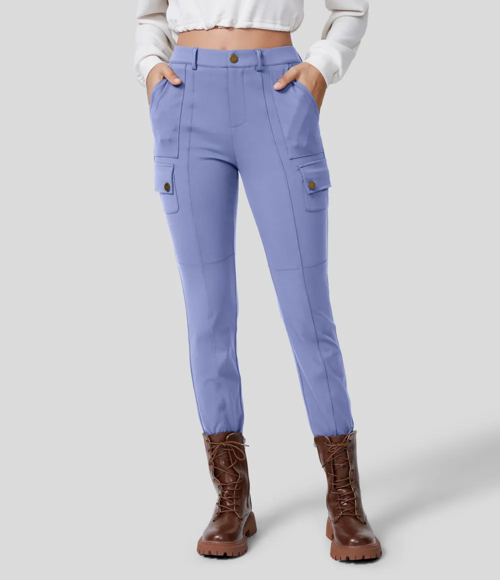 High Waisted Button Zipper Multiple Pockets Solid Skinny Cargo Pants