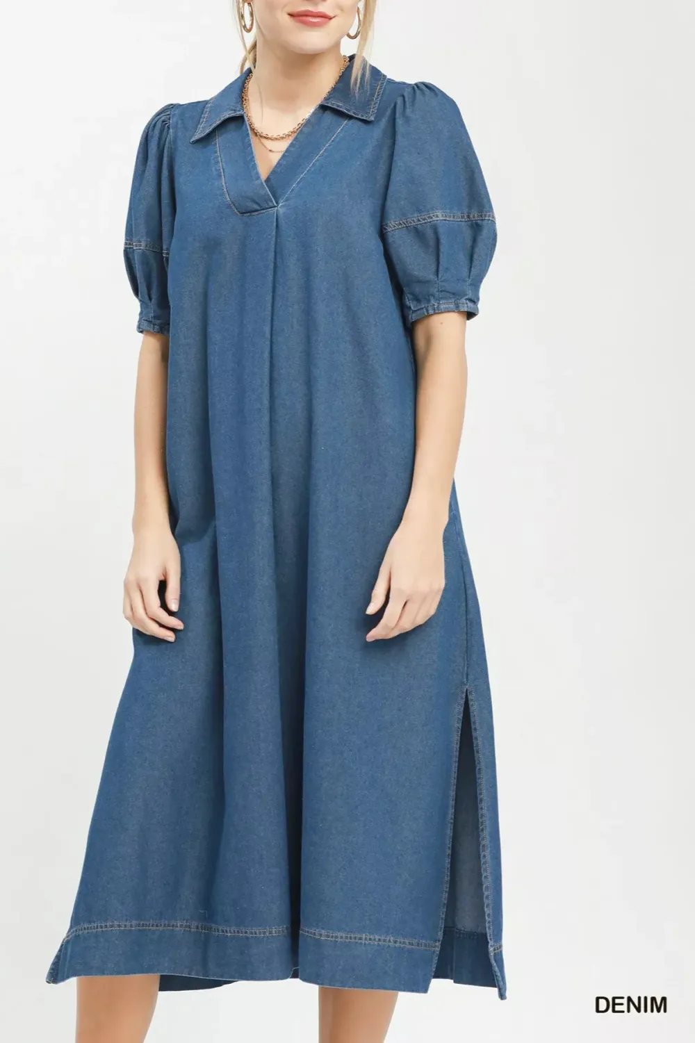 Collared Puff Sleeve A-Line Chambray Dress