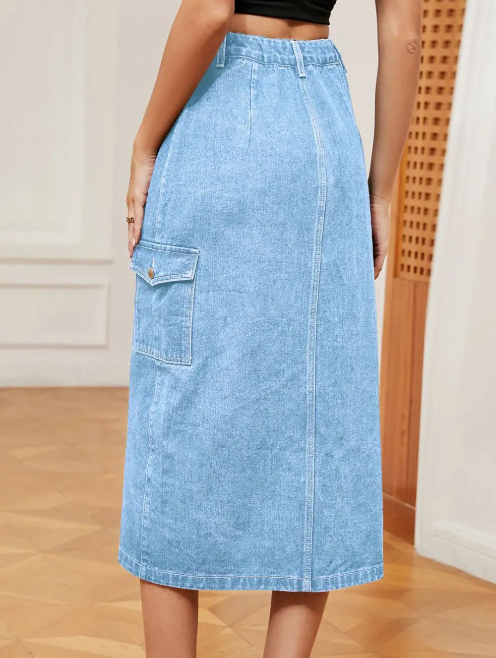 Denim Elastic Waist Midi Skirt