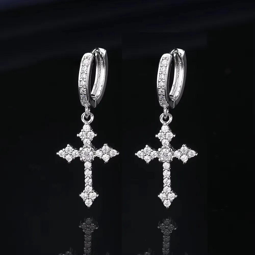 Inlaid Zircon Cross Dangle Hoop Earrings