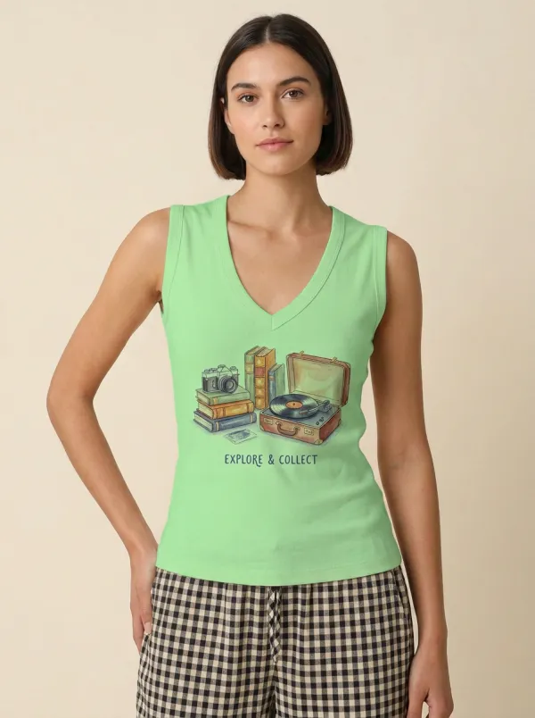Women's Vintage Inspired Camera Books Record Player Printed Tank Top