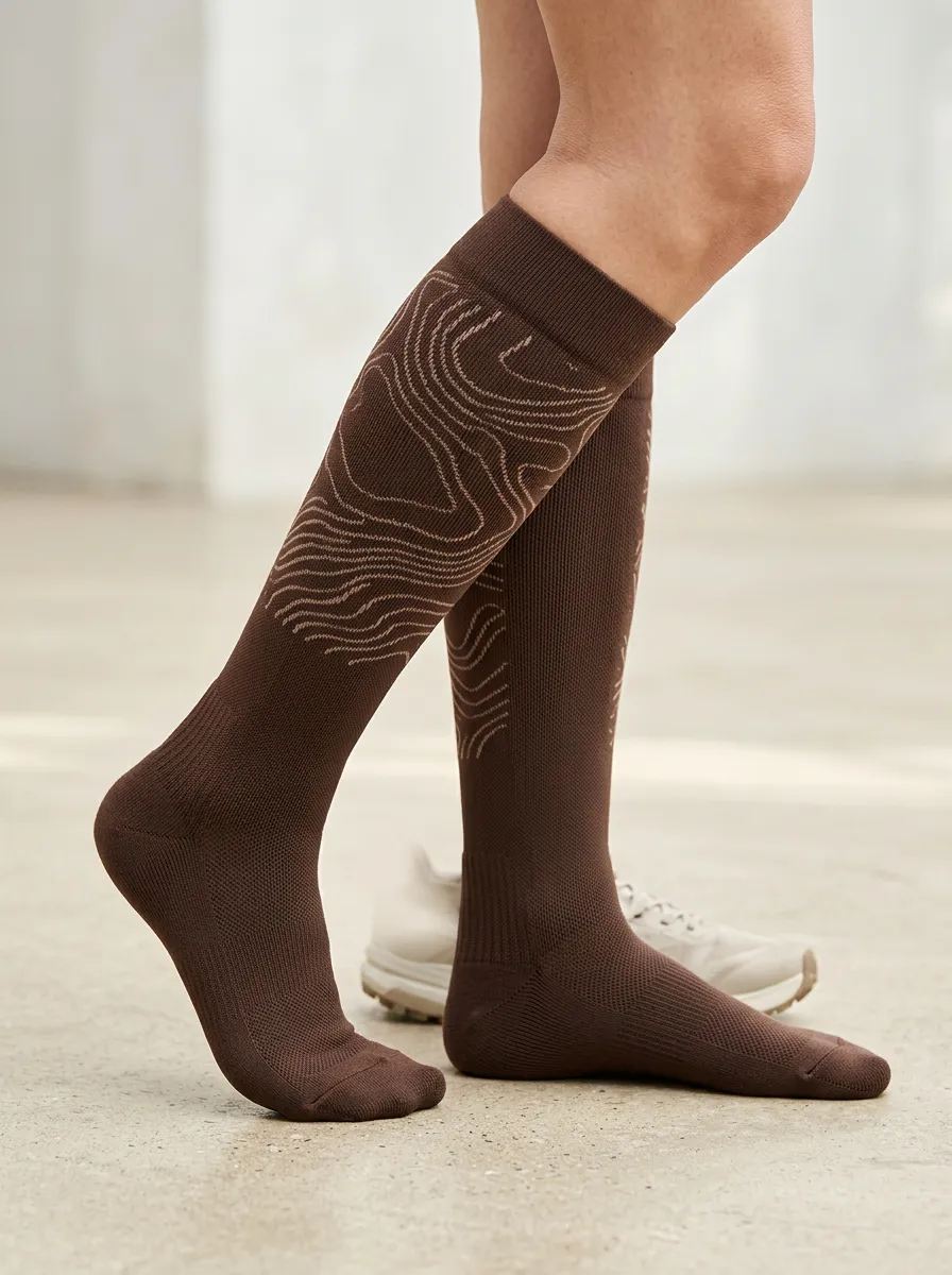 Women's Dark Brown Topographic Print Knee-High Socks