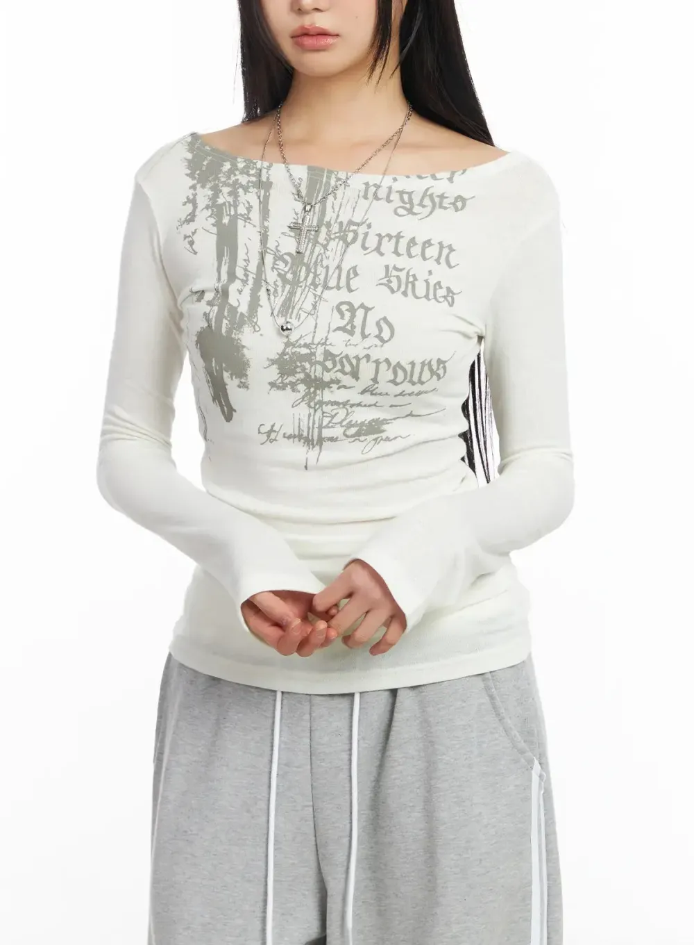Edgy Boat Neck Graphic Long Sleeve Tee