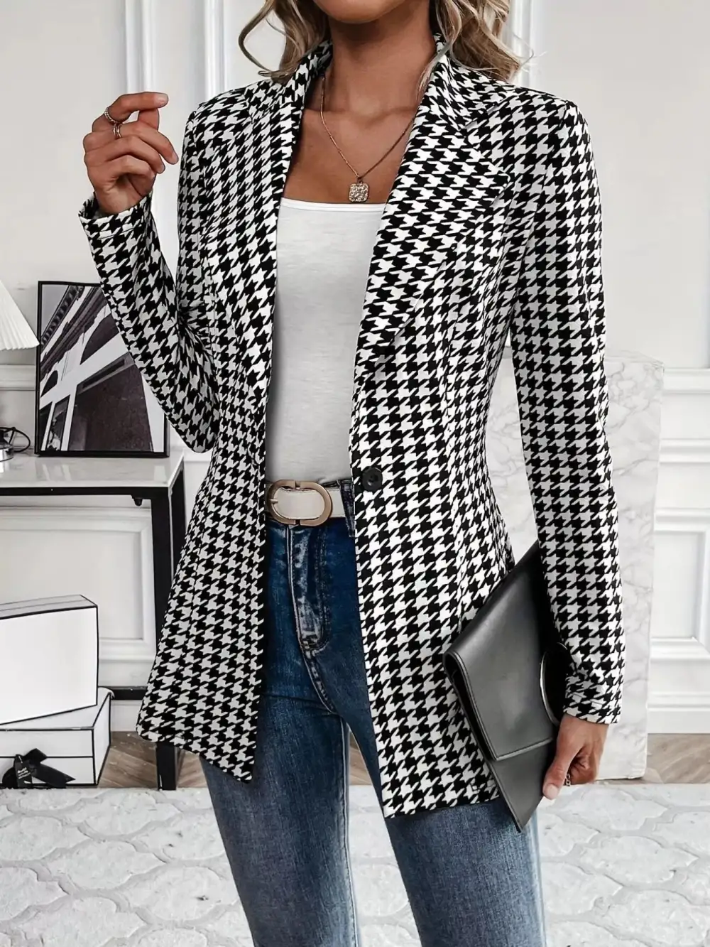Refined Lapel-Collar Houndstooth Blazer