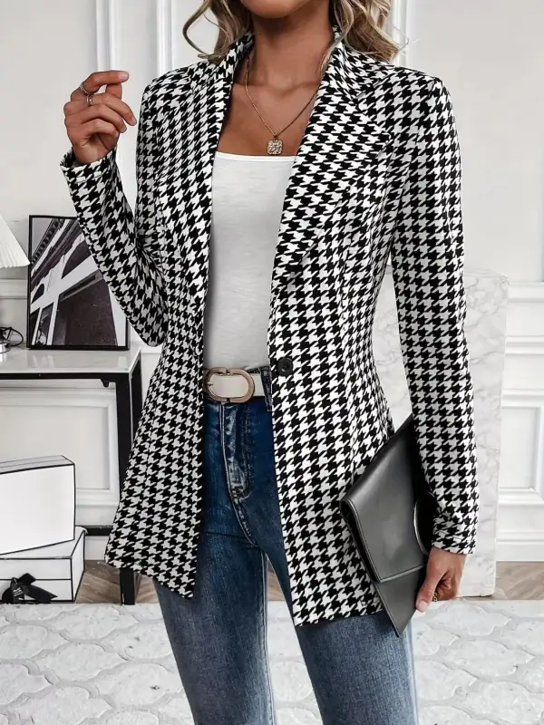Refined Lapel-Collar Houndstooth Blazer