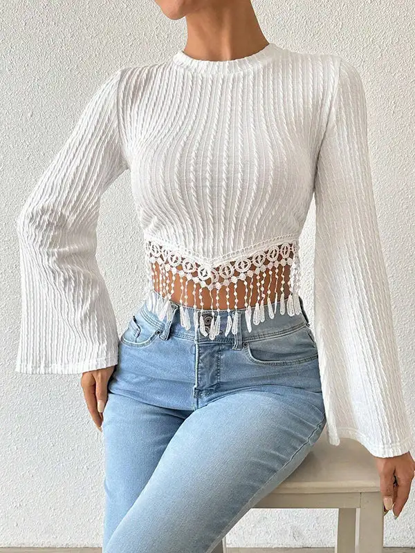 Flared Sleeve Long Sleeve Panel Detail Tasseled Round Neck T-Shirt
