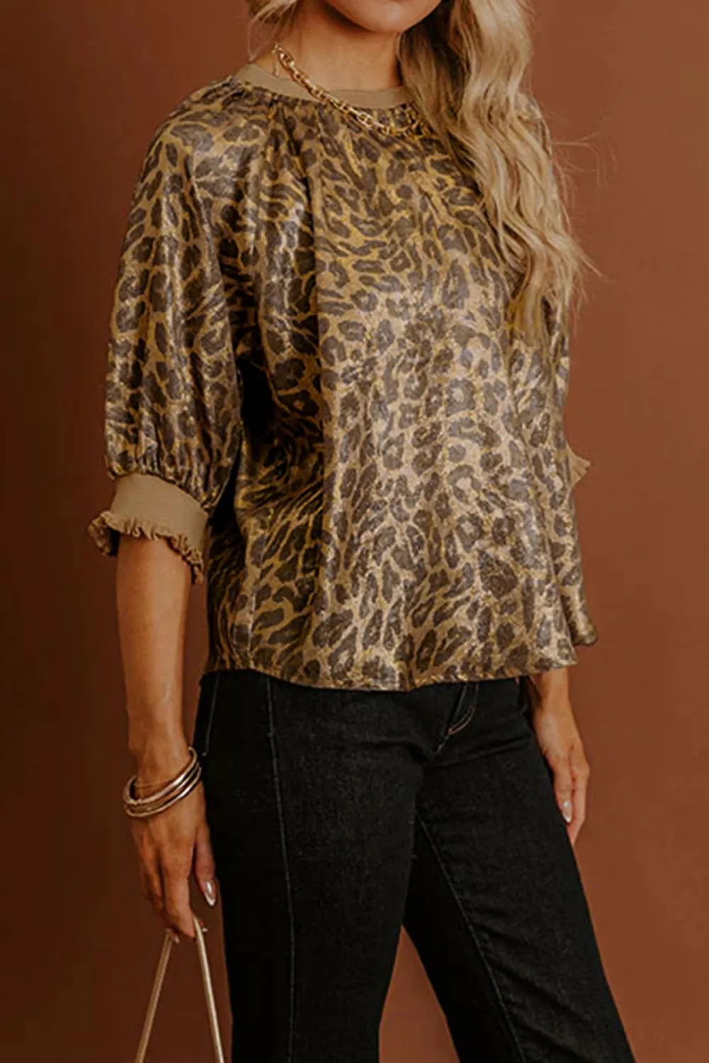 Gold Half Sleeve Metallic Leopard Blouse
