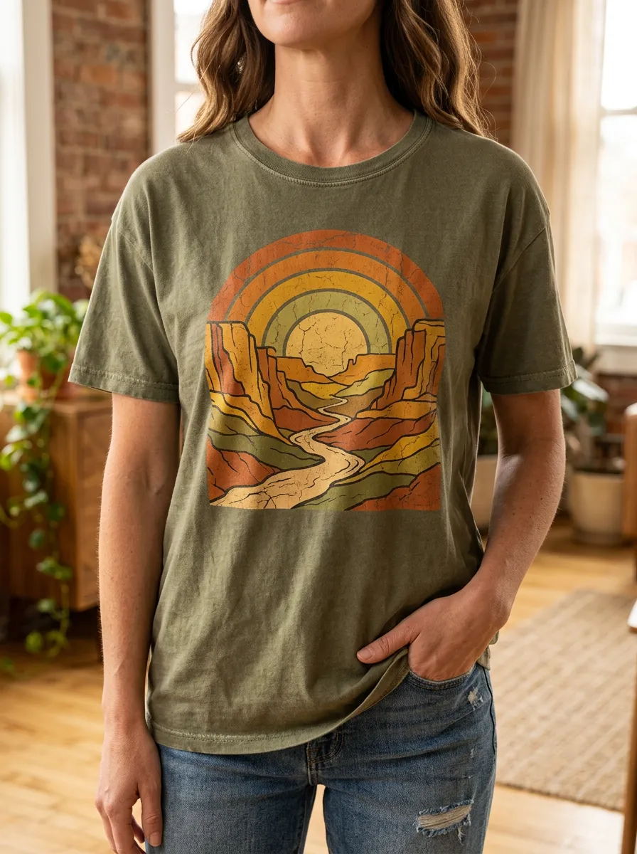 Women's Scenic Retro Canyon Sunset Landscape Crew Neck T-Shirt