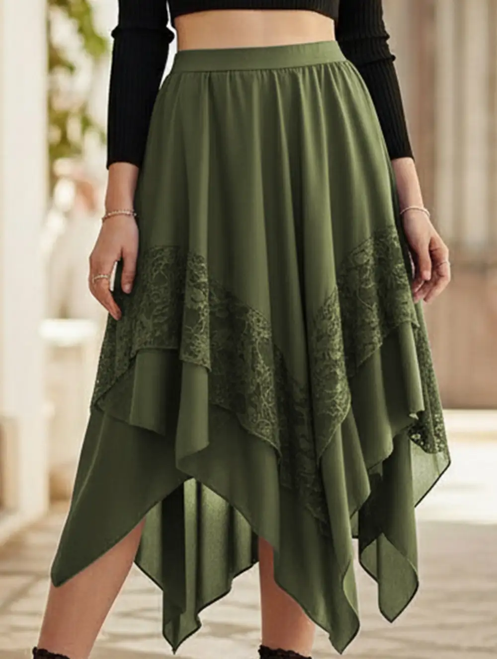 Lace Asymmetric Midi Skirt
