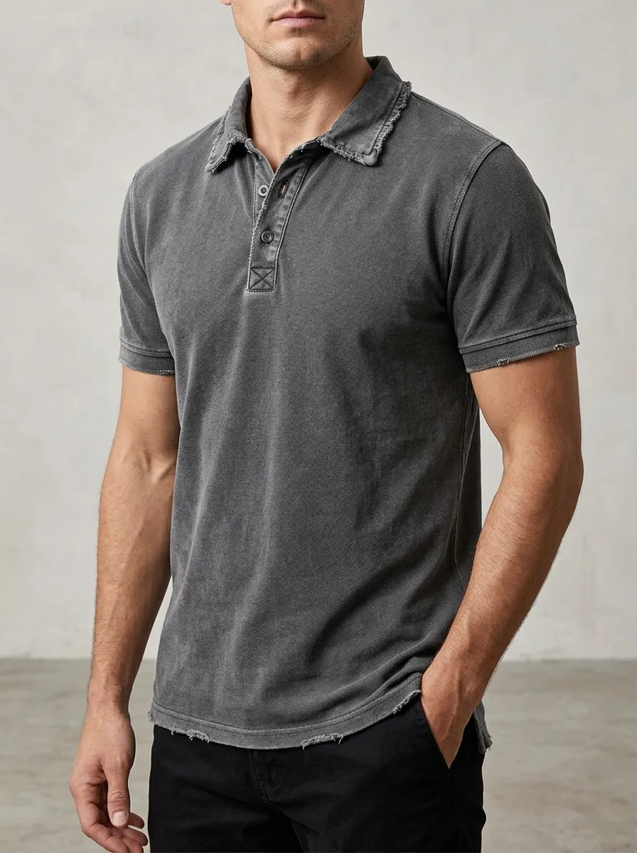 Men's Vintage Washed Distressed Grey Polo Shirt
