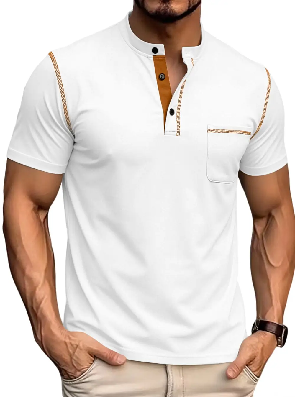 Button Placket Stand Collar Chest Pocket Cotton Polo Shirt