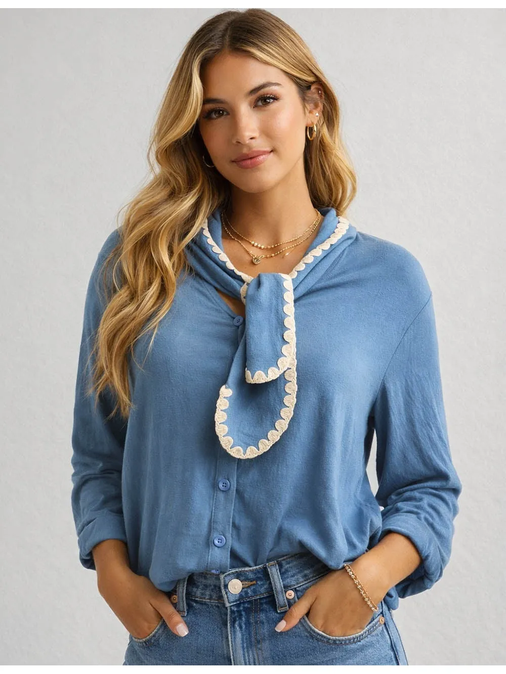 Color Block Neck Button Front Long Sleeves Top