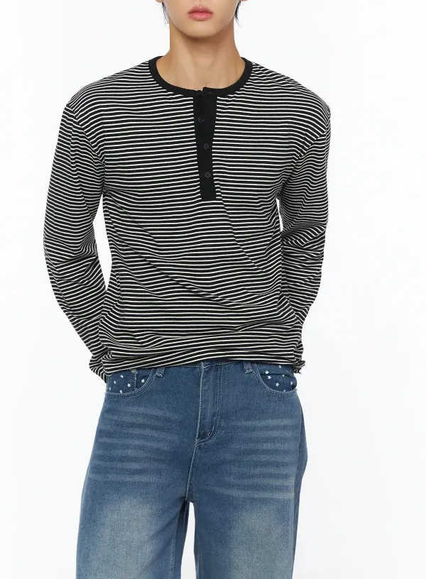 Men's Striped Henley Long Sleeve Tee