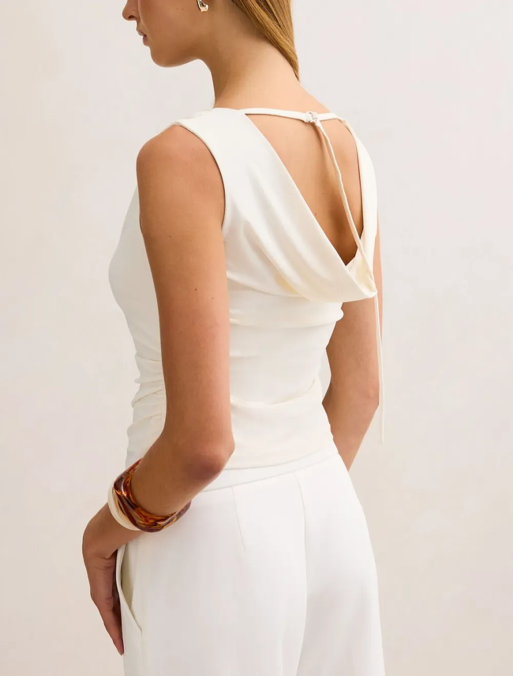 White Cowl Neck Ruched Drape Top