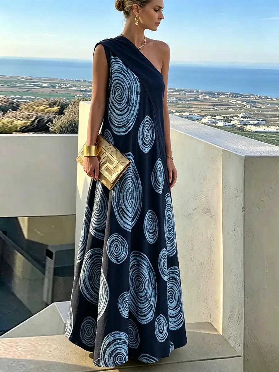 Loose Pleated Printed Maxi Dress