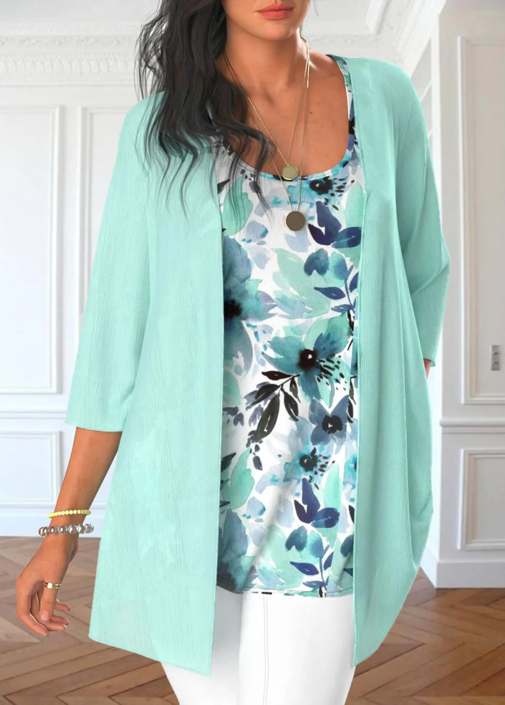 Dusty Blue Tank Top and Tie Dye Print Cardigan