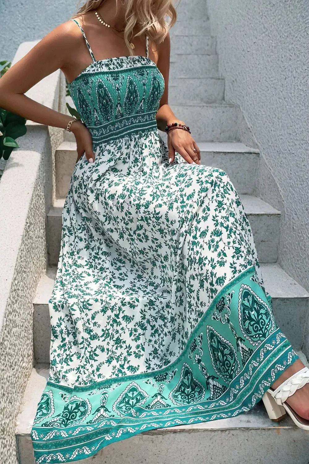 Classic Floral Print Shirred Cami Maxi Dress