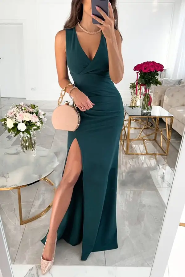 Balanced Ruched V Neck Top And Slit Maxi Skirt