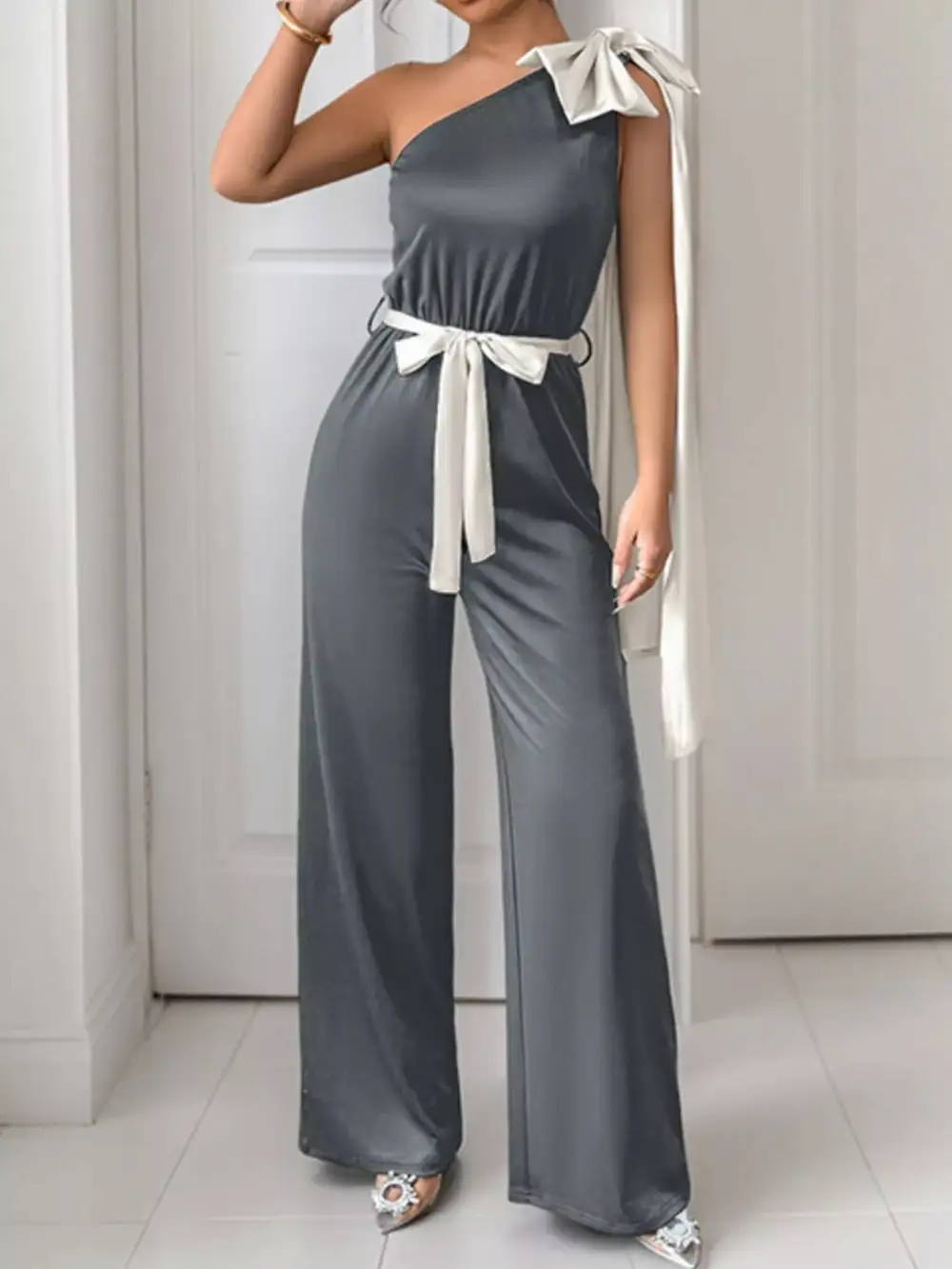 One Shoulder Bowknot Wide Leg Jumpsuit