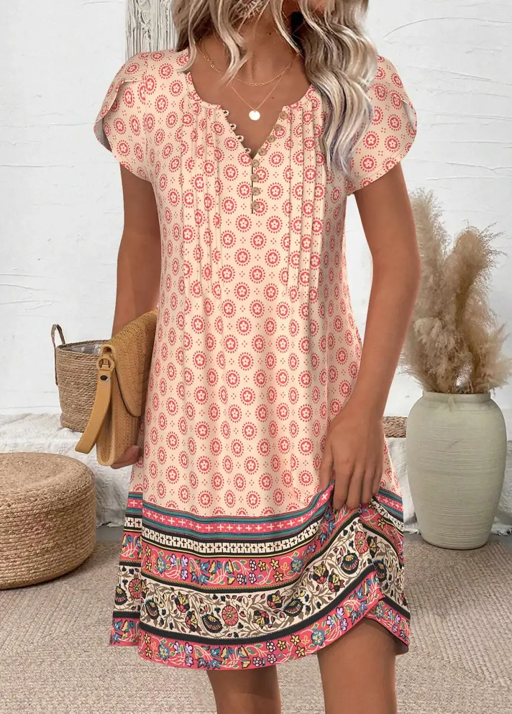 Multi Color Random Floral Print Short Split Neck Dress