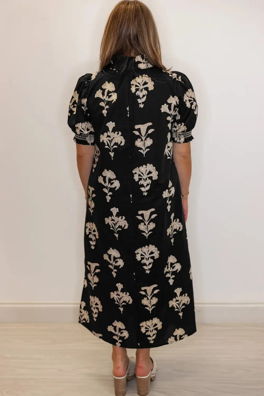 Floral Print Frilled Collar Short Puff Sleeve Maxi Dress