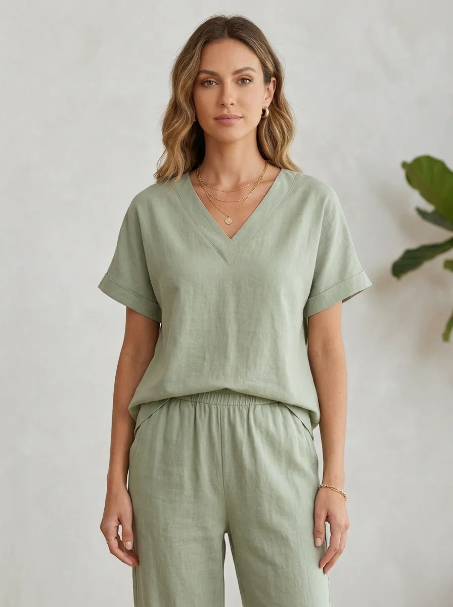 Short-Sleeve Minimalist Women's V-Neck Casual Lounge Set
