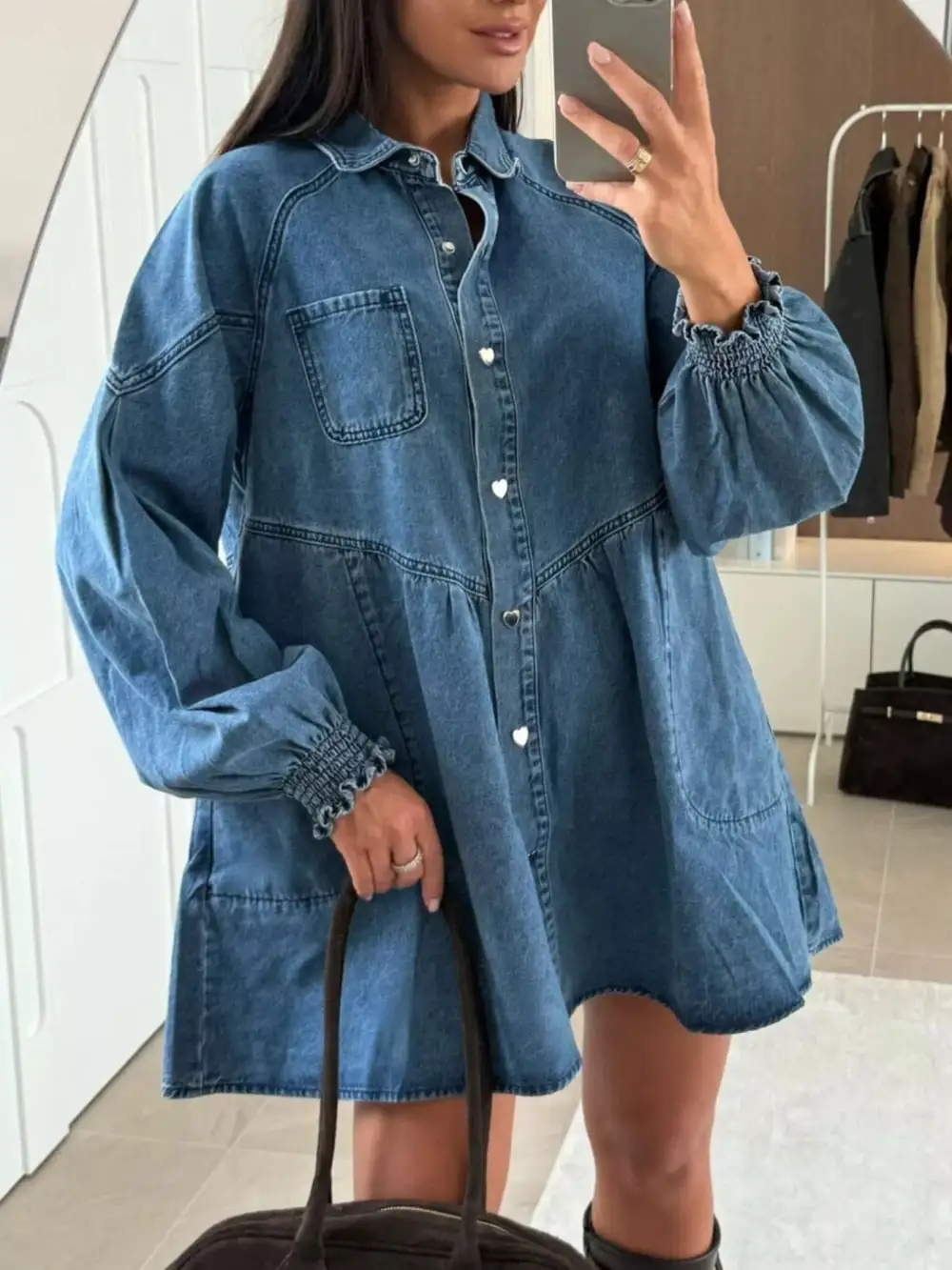 Denim Button Front Pocketed Mini Dress