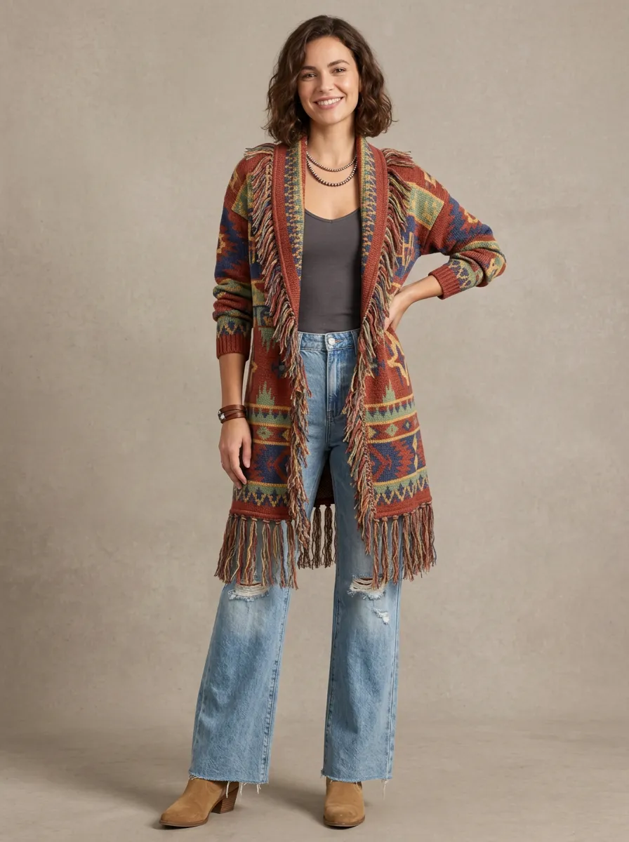 Women's Rust Multi Southwestern Pattern Fringe Cardigan