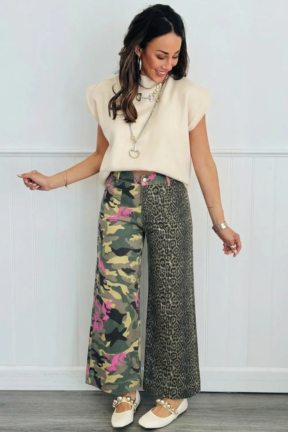 Mixed Print Straight Leg Jeans