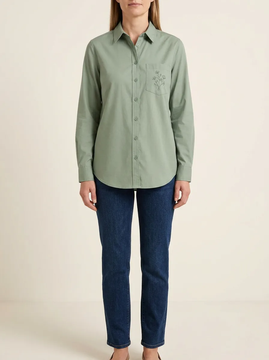Women's Wildflower-Embroidered Single-Pocket Button-Up Shirt
