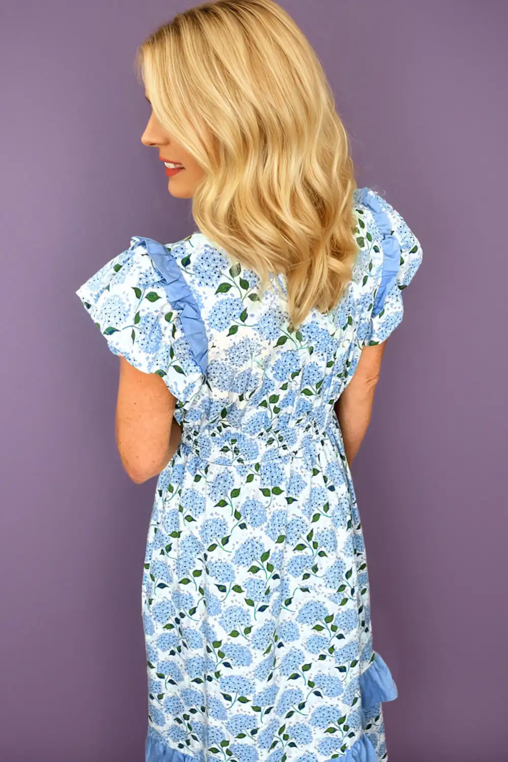 Floral Ruffled Trim Flutter Sleeve Maxi Dress